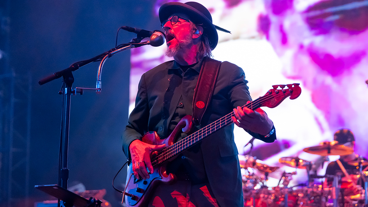 Les Claypool of Primus performs at Michigan Lottery Amphitheatre on July 16, 2025 in Sterling Heights, Michigan