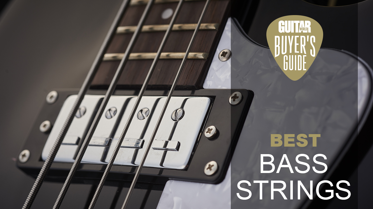 Close up of strings on a bass guitar