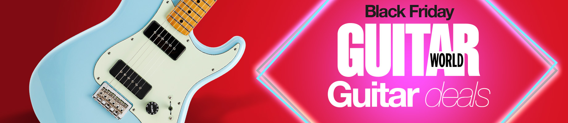 An electric guitar on a red background