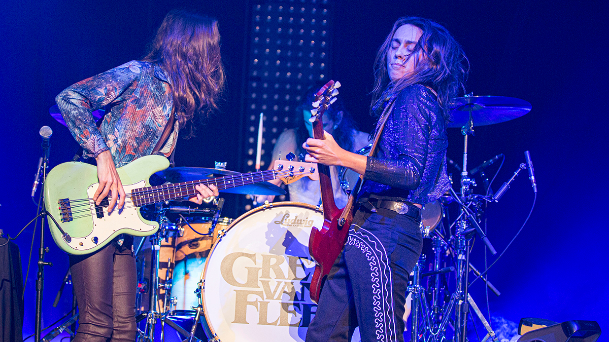 (L-R) Musicians Sam Kiszka, Danny Wagner, and Jake Kiszka of Greta Van Fleet perform on stage at Cal Coast Credit Union Open Air Theatre on September 29, 2019 in San Diego, California