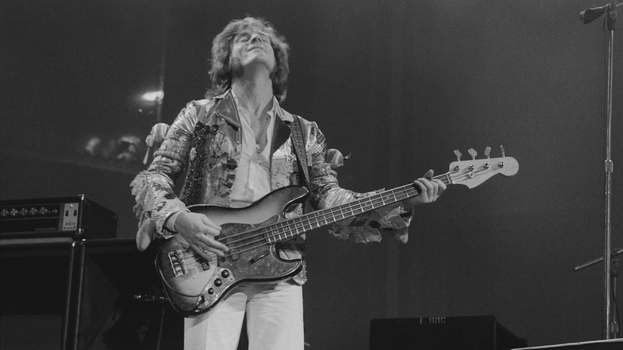 John Paul Jones performs onstage with Led Zeppelin at Earl's Court in London in May 1975