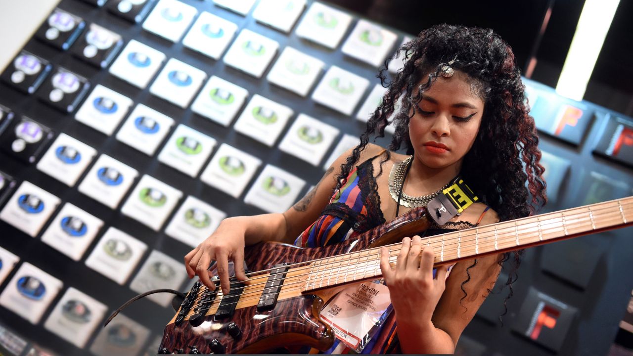 India bass prodigy, Mohini Dey, plays for an artist demo at the SIT Strings booth during the NAMM Show on January 25, 2019, at the Anaheim Convention Center in Anaheim, CA.