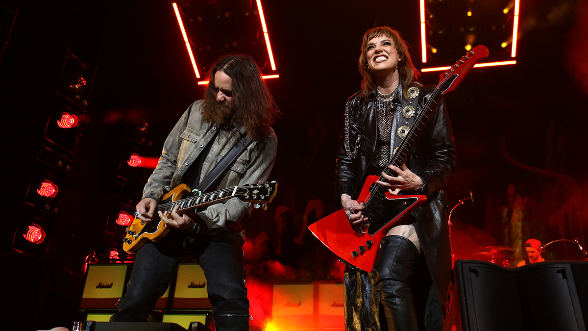 (L-R) Joe Hottinger and Lzzy Hale of Halestorm perform at Budweiser Stage on September 19, 2025 in Toronto, Ontario